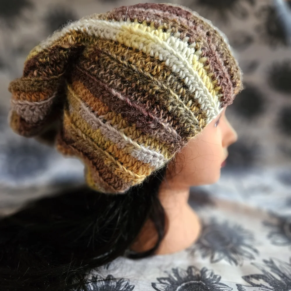Crochet Wool Mix Slouchy Green Brown Beanie Hat - Picture 9 of 12